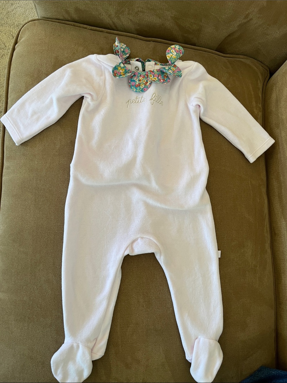 Jacadi Pale Pink Footed One-Piece with Floral Ruffle Collar